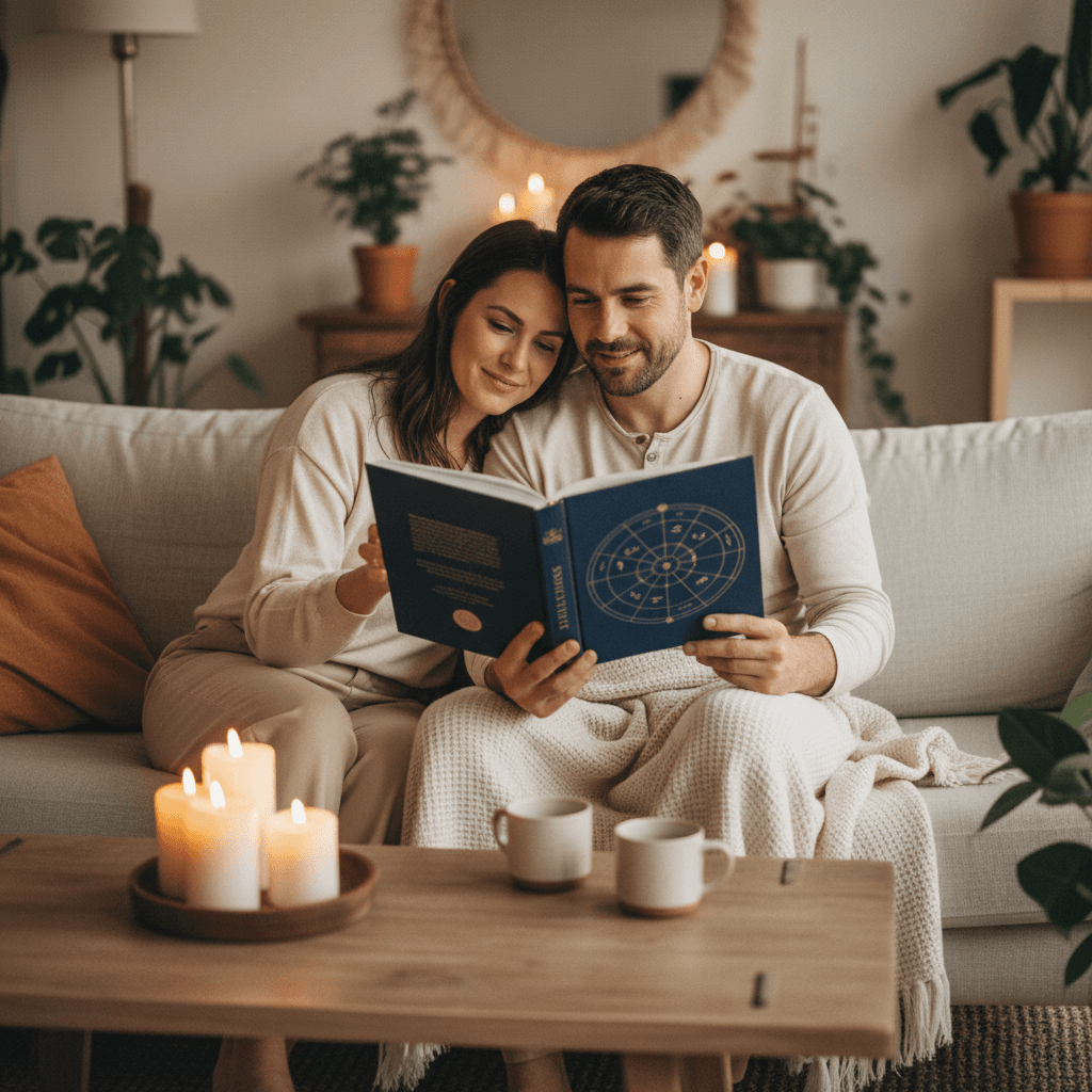 A couple reading their Couples Book together by candlelight