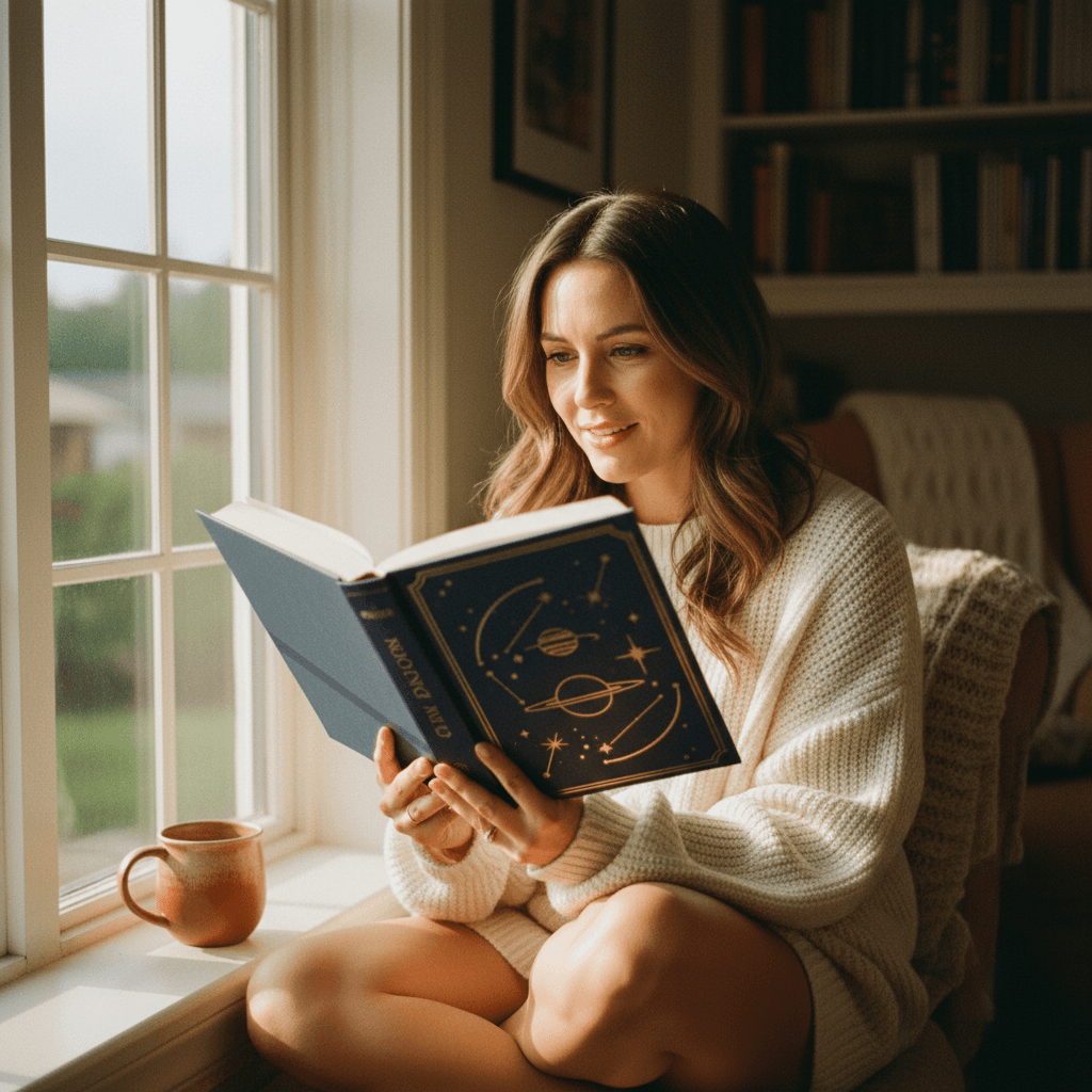 A woman reading her Solo Portrait by a sunlit window